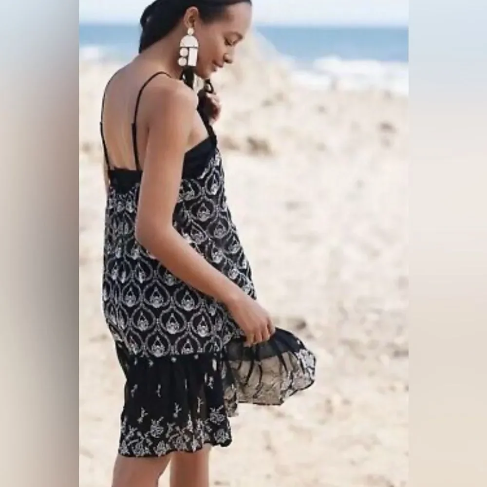 Anthropology size XS black spaghetti strap for ruffle hem dress